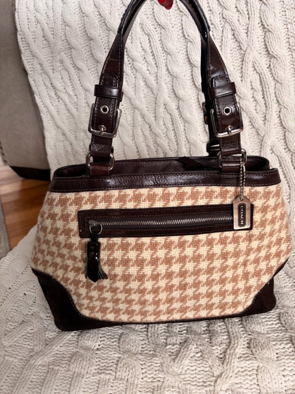 Coach Houndstooth Shoulder Bag in Brown and Cream
